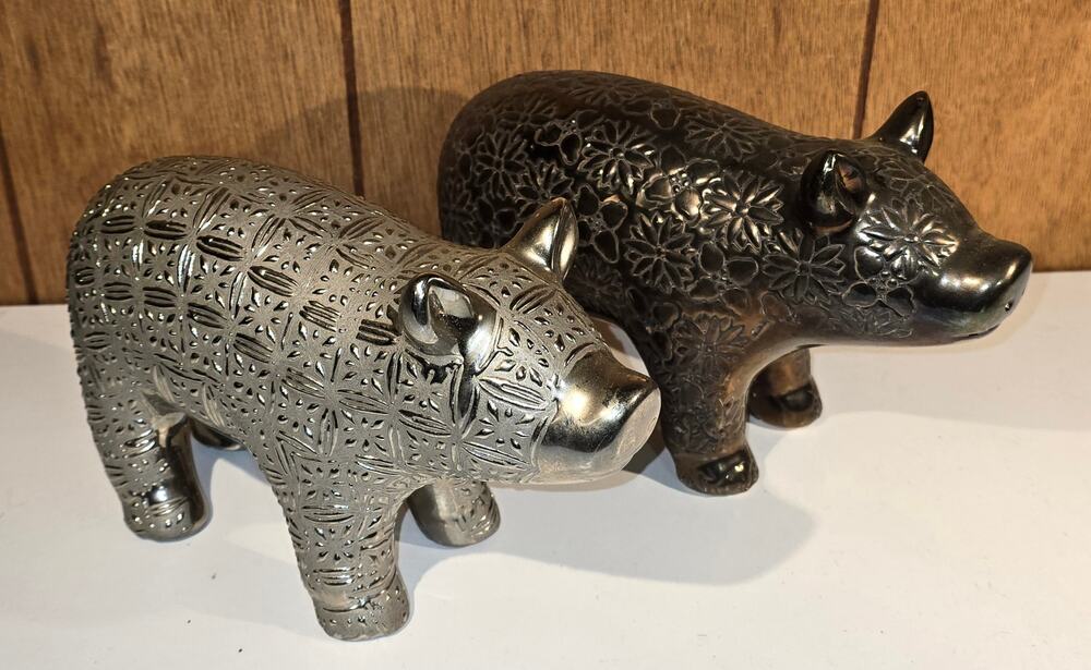 Decorative Pig Figurines Set of 2 Ceramic Silver Black Floral Pattern 9"